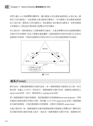 Chapter 1 Active Directory 網域服務(AD DS)
1-6
我們以圖 1-1-4 來解釋雙向轉移性，圖中網域 A 信任網域 B(箭頭由 A 指向 B)、網
域 B 又信任網域 C，因此網域 A 會自動信任網域 C；另外網域 C 信任網域 B(箭頭
由 C 指向 B)、網域 B 又信任網域 A，因此網域 C 會自動信任網域 A。結果是網域
A 和網域 C 之間也就自動地建立起雙向的信任關係。
所以當任何一個新網域加入到網域樹狀目錄後，它會自動雙向信任這個網域樹狀
目錄內所有的網域，因此只要擁有適當權限，這個新網域內的使用者便可以存取其
他網域內的資源，同理其他網域內的使用者也可以存取這個新網域內的資源。
圖 1-1-4
樹系(Forest)
樹系是由一或數個網域樹狀目錄所組成，每一個網域樹狀目錄都有自己唯一的名
稱空間，如圖 1-1-5 所示，例如其中一個網域樹狀目錄內的每一個網域名稱都是以
sayms.local 結尾，而另一個則都是以 saytmg.local 結尾。
第 1 個網域樹狀目錄的根網域，就是整個樹系的根網域(forest root domain)，同時
其網域名稱就是樹系的樹系名稱。例如圖 1-1-5 中的 sayms.local 是第 1 個網域樹
狀目錄的根網域，它就是整個樹系的根網域，而樹系名稱就是 sayms.local。
在建立樹系時，每一個網域樹狀目錄的根網域與樹系根網域之間雙向的、轉移性的
信任關係都會自動的被建立起來，因此每一個網域樹狀目錄中的每一個網域內的
 