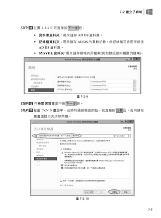 7-2 建立子網域
7-7
在圖 7-2-9 中可直接按下一步鈕：
 資料庫資料夾：用來儲存 AD DS 資料庫。
 記錄檔資料夾：用來儲存 AD DS 的異動記錄，此記錄檔可被用來修復
AD DS 資料庫。
 SYSVOL 資料夾：用來儲存網域共用檔案(例如群組原則相關的檔案)。
圖 7-2-9
在檢閱選項畫面中按下一步鈕。
在圖 7-2-10 畫面中，若順利通過檢查的話，就直接按安裝鈕，否則請根
據畫面提示先排除問題。
圖 7-2-10
 