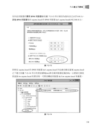 7-2 建立子網域
7-9
另外此伺服器的慣用 DNS 伺服器會如圖 7-2-13 所示被改為指向自己(127.0.0.1)、
其他 DNS 伺服器指向 sayms.local 的 DNS 伺服器 dc1.sayms.local(192.168.8.1)。
圖 7-2-13
同時在 sayms.local 的 DNS 伺服器 dc1.sayms.local 內也會自動在區域 sayms.local
之下建立如圖 7-2-14 所示的委派網域(tw)與名稱伺服器記錄(NS)，以便當它接收
到查詢 tw.sayms.local 的要求時，可將其轉給伺服器 dc3.tw.sayms.local 來處理。
圖 7-2-14
 