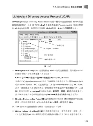 1-1 Active Directory 網域服務概觀
1-13
Lightweight Directory Access Protocol(LDAP)
LDAP(Lightweight Directory Access Protocol)是一種用來查詢與更新 AD DS 的目
錄服務通訊協定。AD DS 利用 LDAP 名稱路徑(LDAP naming path) 來表示物件
在 AD DS 內的位置，以便用它來存取 AD DS 物件。LDAP 名稱路徑包含：
圖 1-1-7
 Distinguished Name(DN)：它是物件在 AD DS 內的完整路徑，例如圖 1-1-7 中
的使用者帳戶名稱為林小洋，其 DN 為：
CN=林小洋,OU=業務一組,OU=業務部,DC=sayms,DC=local
其中的 DC(domain component)表示 DNS 網域名稱中的元件，例如 sayms.local
中的 sayms 與 local；OU 為組織單位；CN 為 common name。除了 DC 與 OU
之外，其他都是利用 CN 來表示，例如使用者與電腦物件都是屬於 CN。上述
DN 表示法中的 sayms.local 為網域名稱，業務部、業務一組都是組織單位。
此 DN 表示帳戶林小洋是儲存在 sayms.local業務部業務一組路徑內。
 Relative Distinguished Name(RDN)：RDN 是用來代表 DN 完整路徑中的部份
路徑，例如前述路徑中，CN=林小洋與 OU=業務一組等都是 RDN。
除了 DN 與 RDN 這兩個物件名稱外，另外還有以下名稱：
 Global Unique Identifier(GUID)：系統會自動為每一個物件指定一個唯一的、
128 位元數值的 GUID。雖然您可以改變物件名稱，但其 GUID 永遠不會改變。
 