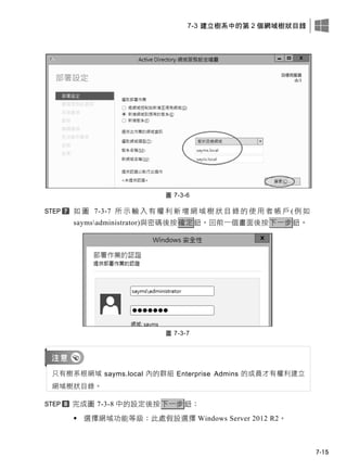 7-3 建立樹系中的第 2 個網域樹狀目錄
7-15
圖 7-3-6
如 圖 7-3-7 所 示 輸 入 有 權 利 新 增 網 域 樹 狀 目 錄 的 使 用 者 帳 戶 ( 例 如
saymsadministrator)與密碼後按確定鈕。回前一個畫面後按下一步鈕。
圖 7-3-7
只有樹系根網域 sayms.local 內的群組 Enterprise Admins 的成員才有權利建立
網域樹狀目錄。
完成圖 7-3-8 中的設定後按下一步鈕：
 選擇網域功能等級：此處假設選擇 Windows Server 2012 R2。
 