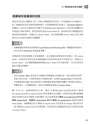 8-1 網域與樹系信任概觀
8-3
跨網域存取資源的流程
當使用者在某台電腦登入時，系統必須驗證使用者身分，而在驗證身分的過程中，
除了需確認使用者名稱與密碼無誤外，系統還會替使用者建立一個 access token(存
取權杖)，其內包含著該使用者帳戶的 SID(Security Identifier)、使用者所隸屬的所
有群組的 SID 等資料。使用者取得這個 access token 後，當他要存取本機電腦內的
資源時(例如檔案)，便會出示 access token，而系統會根據 access token 內的 SID
資料來決定使用者擁有何種權限。
負責驗證使用者身分的服務是 Local Security Authority(LSA)，而驗證使用者身分
的方法分為 Kerberos 與 NTLM 兩種。
同理當使用者連接網路上其他電腦時，這台電腦也會替該使用者建立一個 access
token，而當使用者要存取此網路電腦內的資源時(例如共用資料夾)，便會出示
access token，這台網路電腦便會根據 access token 內的 SID 資料，來決定使用者
擁有何種存取權限。
由於 access token 是在登入(本機登入或網路登入)時建立的，因此如果您在使用
者登入成功之後，才將使用者加入到群組的話，此時該 access token 內並沒有包
含這個群組的 SID，因此使用者也不會具備該群組所擁有的權限。使用者必須登出
再重新登入，以便重新建立一個內含這個群組 SID 的 access token。
圖 8-1-2 為 一 個 網 域 樹 狀 目 錄 ， 圖 中 父 網 域 (sayms.local) 與 兩 個 子 網 域
(tw.sayms.local 與 cn.sayms.local)之間有著雙向信任關係。我們利用此圖來解釋網
域信任與使用者身分驗證之間的關係，而且是要透過子網域 cn.sayms.local 信任根
網域 sayms.local、根網域 sayms.local 信任子網域 tw.sayms.local 這條信任路徑
(trust path)，來解釋當位於子網域 tw.sayms.local 內的使用者 George 要存取另外
一個子網域 cn.sayms.local 內的資源時，系統是如何來驗證使用者身分與如何來建
立 access token。
 