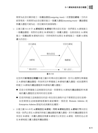 8-1 網域與樹系信任概觀
8-11
需要為此信任關係建立一個連出信任(outgoing trust)；而受信任網域一方的系
統管理員，則需要為此信任關係建立一個連入信任(incoming trust)。連出信任
與連入信任可視為此一信任關係的兩個端點。
 以建立圖 8-1-8 中 A 網域信任 B 網域的單向信任來說，我們需在 A 網域建立
一個連出信任，相對的也需在 B 網域建立一個連入信任。也就是說在 A 網域
建立一個連出到 B 網域的信任，同時相對的也需在 B 網域建立一個讓 A 網域
連入的信任。
圖 8-1-8
在您利用新增信任精靈來建立圖中的單向信任關係時，您可以選擇先單獨建
立 A 網域的連出信任，然後再另外單獨建立 B 網域的連入信任；或是選擇同
時建立 A 網域的連出信任與 B 網域的連入信任：
 若是分別單獨建立這兩個信任的話，則需要在 A 網域的連出信任與 B 網
域的連入信任設定相同的信任密碼。
 若是同時建立這兩個信任的話，則在信任過程中並不需要設定信任密碼，
但您需要在這兩個網域都擁有適當權限，預設是 Domain Admins 或
Enterprise Admins 群組的成員擁有此權限。
 以建立圖 8-1-9 的 A 網域信任 B 網域，同時 B 網域也信任 A 網域的雙向信任
來說，我們必須在 A 網域同時建立連出信任與連入信任，其中的連出信任是用
來信任 B 網域，而連入信任是要讓 B 網域可以來信任 A 網域。相對的也必須
在 B 網域建立連入信任與連出信任。
 