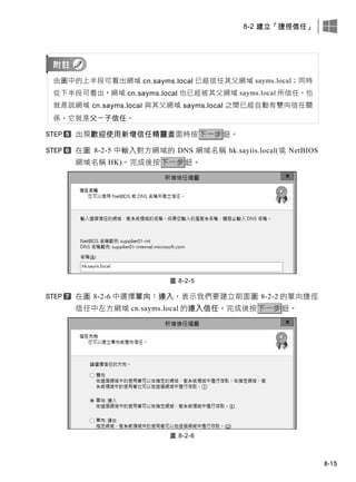 8-2 建立「捷徑信任」
8-15
由圖中的上半段可看出網域 cn.sayms.local 已經信任其父網域 sayms.local；同時
從下半段可看出，網域 cn.sayms.local 也已經被其父網域 sayms.local 所信任。也
就是說網域 cn.sayms.local 與其父網域 sayms.local 之間已經自動有雙向信任關
係，它就是父－子信任。
出現歡迎使用新增信任精靈畫面時按下一步鈕。
在圖 8-2-5 中輸入對方網域的 DNS 網域名稱 hk.sayiis.local(或 NetBIOS
網域名稱 HK)。完成後按下一步鈕。
圖 8-2-5
在圖 8-2-6 中選擇單向：連入，表示我們要建立前面圖 8-2-2 的單向捷徑
信任中左方網域 cn.sayms.local 的連入信任。完成後按下一步鈕。
圖 8-2-6
 