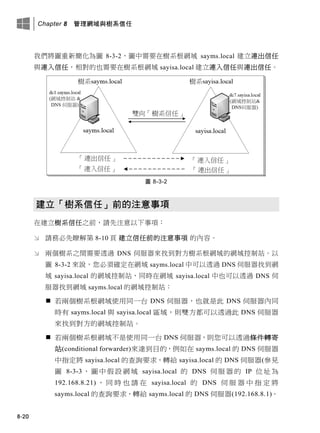 Chapter 8 管理網域與樹系信任
8-20
我們將圖重新簡化為圖 8-3-2，圖中需要在樹系根網域 sayms.local 建立連出信任
與連入信任，相對的也需要在樹系根網域 sayisa.local 建立連入信任與連出信任。
圖 8-3-2
建立「樹系信任」前的注意事項
在建立樹系信任之前，請先注意以下事項：
 請務必先瞭解第 8-10 頁 建立信任前的注意事項 的內容。
 兩個樹系之間需要透過 DNS 伺服器來找到對方樹系根網域的網域控制站。以
圖 8-3-2 來說，您必須確定在網域 sayms.local 中可以透過 DNS 伺服器找到網
域 sayisa.local 的網域控制站，同時在網域 sayisa.local 中也可以透過 DNS 伺
服器找到網域 sayms.local 的網域控制站：
 若兩個樹系根網域使用同一台 DNS 伺服器，也就是此 DNS 伺服器內同
時有 sayms.local 與 sayisa.local 區域，則雙方都可以透過此 DNS 伺服器
來找到對方的網域控制站。
 若兩個樹系根網域不是使用同一台 DNS 伺服器，則您可以透過條件轉寄
站(conditional forwarder)來達到目的，例如在 sayms.local 的 DNS 伺服器
中指定將 sayisa.local 的查詢要求，轉給 sayisa.local 的 DNS 伺服器(參見
圖 8-3-3，圖中假設網域 sayisa.local 的 DNS 伺服器的 IP 位址為
192.168.8.21) ， 同 時 也 請 在 sayisa.local 的 DNS 伺 服 器 中 指 定 將
sayms.local 的查詢要求，轉給 sayms.local 的 DNS 伺服器(192.168.8.1)。
 