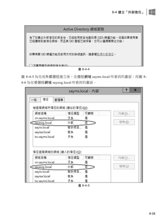 8-4 建立「外部信任」
8-35
圖 8-4-4
圖 8-4-5 為完成外部信任建立後，在信任網域 sayms.local 所看到的畫面；而圖 8-
4-6 為在受信任網域 sayexg.local 所看到的畫面。
圖 8-4-5
 