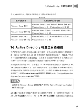 1-3 Active Directory 輕量型目錄服務
1-19
表 1-2-3 中列出每一個樹系功能等級所支援的網域功能等級。
表 1-2-3
樹系功能等級 支援的網域功能等級
Windows Server 2008
Windows Server 2008、Windows Server 2008 R2、
Windows Server 2012、Windows Server 2012 R2
Windows Server 2008 R2
Windows Server 2008 R2、Windows Server 2012、
Windows Server 2012 R2
Windows Server 2012 Windows Server 2012、Windows Server 2012 R2
Windows Server 2012 R2 Windows Server 2012 R2
1-3 Active Directory 輕量型目錄服務
我們從前面的介紹已經知道 AD DS 資料庫是一個符合 LDAP 規範的目錄服務資料
庫，它除了可以用來儲存 AD DS 網域內的物件(例如使用者帳戶、電腦帳戶等)之
外，也提供應用程式目錄分割區，以便讓支援目錄存取的應用程式(directory-
enabled application)可以將該程式的相關資料儲存到 AD DS 資料庫內。
然而前面所介紹的環境中，必須建立 AD DS 網域與網域控制站，才能夠使用 AD
DS 目錄服務與資料庫。為了讓沒有網域的環境，也能夠擁有跟 AD DS 一樣的目
錄服務，以便讓支援目錄存取的應用程式可以有一個目錄資料庫來儲存資料，因此
便提供了一個稱為 Active Directory 輕量型目錄服務(Active Directory Lightweight
Directory Services，AD LDS)的服務。
此服務在 Windows Server 2003(R2)內被稱為 Active Directory Application
Mode(ADAM)。
AD LDS 可以讓您在電腦內建立多個目錄服務的環境，每一個環境被稱為是一個
AD LDS 執行個體(instance)，每一個 AD LDS 執行個體分別擁有獨立的目錄設定
 