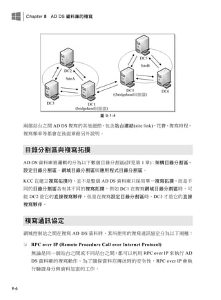Chapter 9 AD DS 資料庫的複寫
9-6
圖 9-1-4
兩個站台之間 AD DS 複寫的其他細節，包含站台連結(site link)、花費、複寫時程、
複寫頻率等都會在後面章節另外說明。
目錄分割區與複寫拓撲
AD DS 資料庫被邏輯的分為以下數個目錄分割區(詳見第 1 章)：架構目錄分割區、
設定目錄分割區、網域目錄分割區與應用程式目錄分割區。
KCC 在建立複寫拓撲時，並不是整個 AD DS 資料庫只採用單一複寫拓撲，而是不
同的目錄分割區各有其不同的複寫拓撲，例如 DC1 在複寫網域目錄分割區時，可
能 DC2 是它的直接複寫夥伴，但是在複寫設定目錄分割區時，DC3 才是它的直接
複寫夥伴。
複寫通訊協定
網域控制站之間在複寫 AD DS 資料時，其所使用的複寫通訊協定分為以下兩種：
 RPC over IP (Remote Procedure Call over Internet Protocol)
無論是同一個站台之間或不同站台之間，都可以利用 RPC over IP 來執行 AD
DS 資料庫的複寫動作。為了確保資料在傳送時的安全性，RPC over IP 會執
行驗證身分與資料加密的工作。
 