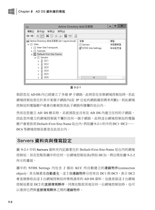 Chapter 9 AD DS 資料庫的複寫
9-8
圖 9-2-1
假設您在 AD DS 內已經建立了多個 IP 子網路，此時您在安裝網域控制站時，若此
網域控制站是位於其中某個子網路內(從 IP 位址的網路識別碼來判斷)，則此網域
控制站的電腦帳戶就會自動被放到此子網路所隸屬的站台內。
然而在您建立 AD DS 樹系時，系統預設並沒有在 AD DS 內建立任何的子網路，
因此您所建立的網域控制就不屬於任何一個子網路，此時這台網域控制站的電腦
帳戶會被放到 Default-First-Site-Name 站台內，例如圖 9-2-1 的中的 DC1、DC2、…、
DC6 等網域控制站都是在此站台內。
Servers 資料夾與複寫設定
圖 9-2-1 中的 Servers 資料夾內記錄著位於 Default-First-Site-Name 站台內的網域
控制站，而在您點取圖中的任何一台網域控制站後(例如 DC2)，將出現如圖 9-2-2
所示的畫面。
圖中的 NTDS Settings 內包含 2 個由 KCC 所自動建立的連線物件(connection
object)，其名稱都是自動產生，這 2 個連線物件分別來自 DC1 與 DC5，表示 DC2
會直接接收由這 2 台網域控制站所複寫過來的 AD DS 資料，也就是說這 2 台網域
控制站都是 DC2 的直接複寫夥伴。同理在點取其他任何一台網域控制站時，也可
以看到它們與直接複寫夥伴之間的連線物件。
 