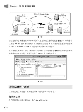 Chapter 9 AD DS 資料庫的複寫
9-12
圖 9-3-1
站台之間除了實體連線(WAN link)外，還必須建立邏輯的站台連結(site link)才可
以進行 AD DS 資料庫的複寫，而系統預設已經為 IP 複寫通訊協定建立一個名稱
為 DEFAULTIPSITELINK 的站台連結，如圖 9-3-2 所示。
我們在建立圖 9-3-1 中的 SiteA 與 SiteB 時，必須透過站台連結將這兩個站台邏輯
的連接在一起，它們之間才可以進行 AD DS 資料庫的複寫。
圖 9-3-2
建立站台與子網路
以下將先建立新站台，然後建立隸屬於此站台的 IP 子網路。
建立新站台
我們將說明如何建立圖 9-3-1 中的 SiteA 與 SiteB。
 