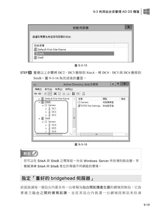 9-3 利用站台來管理 AD DS 複寫
9-19
圖 9-3-15
重複以上步驟將 DC2、DC3 搬移到 SiteA、將 DC4、DC5 與 DC6 搬移到
SiteB。圖 9-3-16 為完成後的畫面。
圖 9-3-16
您可以在 SiteA 與 SIteB 之間架設一台由 Windows Server 所扮演的路由器，來
模擬演練 SiteA 與 SIteB 是位於兩個不同網路的環境。
指定「喜好的 bridgehead 伺服器」
前面說過每一個站台內都各有一台被稱為站台間拓撲產生器的網域控制站，它負
責 建 立 站 台 之 間 的 複 寫 拓 撲 ， 並 從 其 站 台 內 挑 選 一 台 網 域 控 制 站 來 扮 演
 