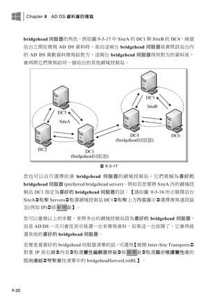 Chapter 9 AD DS 資料庫的複寫
9-20
bridgehead 伺服器的角色，例如圖 9-3-17 中 SiteA 的 DC1 與 SiteB 的 DC4，兩個
站台之間在複寫 AD DS 資料時，是由這兩台 bridgehead 伺服器負責將該站台內
的 AD DS 異動資料複寫給對方，這兩台 bridgehead 伺服器得到對方的資料後，
會再將它們複寫給同一個站台的其他網域控制站。
圖 9-3-17
您也可以自行選擇扮演 bridgehead 伺服器的網域控制站，它們被稱為喜好的
bridgehead 伺服器 (preferred bridgehead server)。例如若您要將 SiteA 內的網域控
制站 DC1 指定為喜好的 bridgehead 伺服器的話：【請如圖 9-3-18 所示展開站台
SiteA點擊 Servers點選網域控制站 DC1點擊上方內容圖示選擇複寫通訊協
定(例如 IP)按新增鈕】。
您可以重複以上的步驟，來將多台的網域控制站設為喜好的 bridgehead 伺服器，
但是 AD DS 一次只會從其中挑選一台來複寫資料，如果這一台故障了，它會再挑
選其他的喜好的 bridgehead 伺服器。
若要查看喜好的 bridgehead 伺服器清單的話，可選用【展開 Inter-Site Transports
對著 IP 按右鍵內容點選屬性編輯器標籤按篩選鈕點選顯示唯讀屬性處的
反向連結雙擊屬性清單中的 bridgeheadServerListBL】。
 