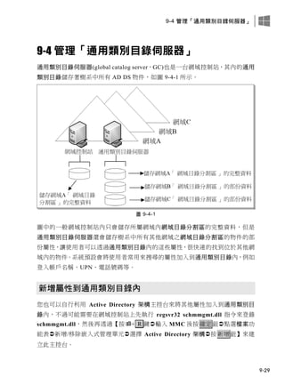 9-4 管理「通用類別目錄伺服器」
9-29
9-4 管理「通用類別目錄伺服器」
通用類別目錄伺服器(global catalog server，GC)也是一台網域控制站，其內的通用
類別目錄儲存著樹系中所有 AD DS 物件，如圖 9-4-1 所示。
圖 9-4-1
圖中的一般網域控制站內只會儲存所屬網域內網域目錄分割區的完整資料，但是
通用類別目錄伺服器還會儲存樹系中所有其他網域之網域目錄分割區的物件的部
份屬性，讓使用者可以透過通用類別目錄內的這些屬性，很快速的找到位於其他網
域內的物件。系統預設會將使用者常用來搜尋的屬性加入到通用類別目錄內，例如
登入帳戶名稱、UPN、電話號碼等。
新增屬性到通用類別目錄內
您也可以自行利用 Active Directory 架構主控台來將其他屬性加入到通用類別目
錄內，不過可能需要在網域控制站上先執行 regsvr32 schmmgmt.dll 指令來登錄
schmmgmt.dll，然後再透過【按+ R 鍵輸入 MMC 後按確定鈕點選檔案功
能表新增/移除嵌入式管理單元選擇 Active Directory 架構按新增鈕】來建
立此主控台。
 