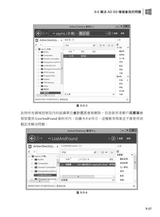 9-5 解決 AD DS 複寫衝突的問題
9-37
圖 9-5-3
此時所有網域控制站內的組織單位會計部都會被刪除，但是使用者帳戶高麗黛會
被放置到 LostAndFound 資料夾內，如圖 9-5-4 所示。這種衝突現象並不會使用到
戳記來解決問題。
圖 9-5-4
 