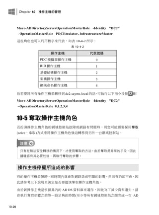 Chapter 10 操作主機的管理
10-20
Move-ADDirectoryServerOperationMasterRole -Identity "DC2"
–OperationMasterRole PDCEmulator, InfrastructureMaster
這些角色也可以利用數字來代表，如表 10-4-2 所示。
表 10-4-2
操作主機 代表號碼
PDC 模擬器操作主機 0
RID 操作主機 1
基礎結構操作主機 2
架構操作主機 3
網域命名操作主機 4
故若要將所有操作主機都轉移到 dc2.sayms.local的話，可執行以下指令後按 A 鍵：
Move-ADDirectoryServerOperationMasterRole -Identity "DC2"
–OperationMasterRole 0,1,2,3,4
10-5 奪取操作主機角色
若扮演操作主機角色的網域控制站故障或網路有問題時，則您可能需要採用奪取
(seize，拿取)方式來將操作主機角色強迫轉移到另外一台網域控制站。
只有在無法安全轉移的情況下，才使用奪取的方法。由於奪取是非常的手段，因此
請確認有其必要性後，再執行奪取的步驟。
操作主機停擺所造成的影響
有的操作主機故障時，短時間內就會對網路造成明顯的影響，然而有的卻不會，因
此請參考以下說明來決定是否要儘快奪取操作主機角色。
由於新操作主機是根據其內的 AD DS 資料庫來運作，因此為了減少資料遺失，請
在執行奪取步驟之前等一段足夠的時間(至少等所有網域控制站之間完成一次 AD
 