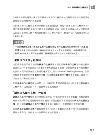 10-5 奪取操作主機角色
10-21
DS 複寫所需的時間)，讓這台即將成為新操作主機的網域控制站完整接收到從其他
網域控制站複寫來的異動資料。
由於奪取操作主機時並未與原操作主機溝通協調，因此一旦奪取操作主機角色後，
請不要再啟動原扮演操作主機角色的網域控制站，否則會出現兩台網域控制站都
各自認為是操作主機，因而會影響到 AD DS 的運作，嚴重的話，可能會損毀 AD
DS 資料庫。
一旦架構操作主機、網域命名操作主機或 RID 操作主機的角色被奪取後，請永遠
不要將原來扮演這些操作主機角色的網域控制站再連接到網路上，否則嚴重的話，
整個 AD DS 資料庫可能會損毀。建議將這台網域控制站的硬碟格式化。
「架構操作主機」停擺時
由於使用者並不會直接與架構操作主機溝通，因此若架構操作主機暫時無法提供
服務的話，對使用者並沒有影響；而對系統管理員來說，除非他們需要存取架構內
的資料，例如安裝會修改架構的應用程式(例如 Microsoft Exchange Server)，否則
也暫時不需要使用到架構操作主機，所以請等架構操作主機修復後重新上線即可，
不需要執行奪取的步驟。
如果架構操作主機停擺的時間太久，以致於影響到系統運作時，則您應該奪取操作
主機角色，以便改由另外一台網域控制站來扮演。
「網域命名操作主機」停擺時
網域命名操作主機暫時無法提供服務的話，對網路使用者並沒有影響，而對系統管
理員來說，除非他們要新增或移除網域，否則也暫時不需要使用到網域命名操作主
機，所以請等網域命名操作主機修復重新上線即可，不需要執行奪取的步驟。
如果網域命名操作主機停擺的時間太久，以致於影響到系統運作時，則您應該奪取
操作主機角色，改由另外一台網域控制站來扮演。
 