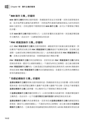 Chapter 10 操作主機的管理
10-22
「RID 操作主機」停擺時
RID 操作主機暫時無法提供服務，對網路使用者並沒有影響，而對系統管理員來
說，除非他們要在網域內新增物件，同時他們所連接的網域控制站之前所索取的
RID 已經用完，否則也暫時不需要使用到 RID 操作主機，故可以不需要執行奪取
的步驟。
如果 RID 操作主機停擺的時間太久，以致於影響到系統運作時，則您應該奪取操
作主機角色，改由另外一台網域控制站來扮演。
「PDC 模擬器操作主機」停擺時
由於 PDC 模擬器操作主機無法提供服務時，網路使用者可能會比較快察覺到，例
如舊用戶端將因為無法與 PDC 模擬器操作主機溝通而不能變更密碼。若密碼已經
過期，也會因為無法變更密碼而無法登入，此時應該盡快修復 PDC 模擬器操作主
機，若無法在短期內修復的話，則需要盡快執行奪取步驟。
PDC 模擬器操作主機的角色被奪取後，若原來扮演 PDC 模擬器操作主機的網域
控制站修復後，還是可以連接到網路上，不過因為角色已被奪取，故它會自動放棄
PDC 模擬器操作主機角色。它會透過從其他網域控制站複寫來的 AD DS 異動資料
得知扮演新 PDC 模擬器操作主機角色的網域控制站。您還是可以將角色再轉移回
原來的網域控制站。
「基礎結構操作主機」停擺時
基礎結構操作主機暫時無法提供服務的話，對網路使用者並沒有影響，而對系統管
理員來說，除非他們最近搬移大量帳戶或改變大量帳戶的名稱，否則也不會察覺到
基礎結構操作主機已經停擺，所以暫時可以不需要執行奪取的步驟。
若基礎結構操作主機停擺的時間太久，以致於影響到系統運作時，則應該奪取操作
主機角色，改由另外一台不是通用類別目錄伺服器的網域控制站來扮演。
基礎結構操作主機的角色被奪取後，若原來扮演基礎結構操作主機的網域控制站
修復後，還是可以連接到網路上，不過因為角色已被奪取，故它會自動放棄基礎結
構操作主機角色。它會透過從其他網域控制站複寫來的 AD DS 異動資料得知扮演
 