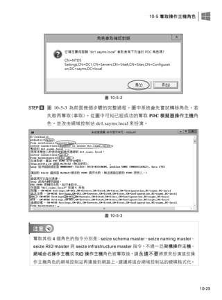 10-5 奪取操作主機角色
10-25
圖 10-5-2
圖 10-5-3 為前面幾個步驟的完整過程，圖中系統會先嘗試轉移角色，若
失敗再奪取(拿取)。從圖中可知已經成功的奪取 PDC 模擬器操作主機角
色，並改由網域控制站 dc1.sayms.local 來扮演。
圖 10-5-3
奪取其他 4 個角色的指令分別是：seize schema master、seize naming master、
seize RID master 與 seize infrastructure master 指令。不過一旦架構操作主機、
網域命名操作主機或 RID 操作主機角色被奪取後，請永遠不要將原來扮演這些操
作主機角色的網域控制站再連接到網路上。建議將這台網域控制站的硬碟格式化。
 