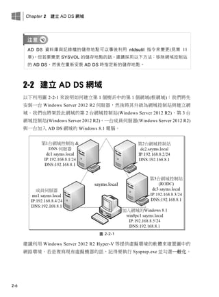 Chapter 2 建立 AD DS 網域
2-6
AD DS 資料庫與記錄檔的儲存地點可以事後利用 ntdsutil 指令來變更(見第 11
章)。但若要變更 SYSVOL 的儲存地點的話，建議採用以下方法：移除網域控制站
的 AD DS，然後在重新安裝 AD DS 時指定新的儲存地點。
2-2 建立 AD DS 網域
以下利用圖 2-2-1 來說明如何建立第 1 個樹系中的第 1 個網域(根網域)：我們將先
安裝一台 Windows Server 2012 R2 伺服器，然後將其升級為網域控制站與建立網
域。我們也將架設此網域的第 2 台網域控制站(Windows Server 2012 R2)、第 3 台
網域控制站(Windows Server 2012 R2)、一台成員伺服器(Windows Server 2012 R2)
與一台加入 AD DS 網域的 Windows 8.1 電腦。
圖 2-2-1
建議利用 Windows Server 2012 R2 Hyper-V 等提供虛擬環境的軟體來建置圖中的
網路環境。若是複寫現有虛擬機器的話，記得要執行 Sysprep.exe 並勾選一般化。
 