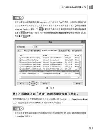 13-2 自動信任內部的獨立 CA
13-5
若您的電腦的根憑證存放區(root store)內已經有該 CA 的憑證，也就是此電腦已經
信任該 CA 的話，則您可以利用另外一種方式來將 CA 的憑證存檔：【執行瀏覽器
Internet Explorer按一下 Alt 鍵點選工具功能表網際網路選項點選內容標
籤按憑證鈕如圖 13-2-3 所示點選受信任的根憑證授權單位標籤點選 CA 的
憑證按匯出鈕】。
圖 13-2-3
將 CA 憑證匯入到「受信任的根憑證授權單位原則」
假設要讓網域內所有電腦都自動信任前述的獨立根 CA：Server1 Standalone Root
CA，而且要透過 Default Domain Policy GPO 來設定。
若您僅是要讓某個組織單位內的電腦來信任前述獨立根 CA 的話，請透過該組織單
位的 GPO 來設定。
 