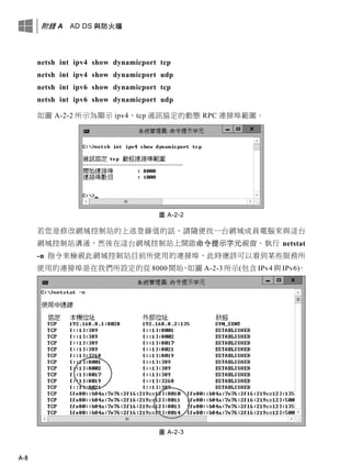 附錄 A AD DS 與防火牆
A-8
netsh int ipv4 show dynamicport tcp
netsh int ipv4 show dynamicport udp
netsh int ipv6 show dynamicport tcp
netsh int ipv6 show dynamicport udp
如圖 A-2-2 所示為顯示 ipv4、tcp 通訊協定的動態 RPC 連接埠範圍。
圖 A-2-2
若您是修改網域控制站的上述登錄值的話，請隨便找一台網域成員電腦來與這台
網域控制站溝通，然後在這台網域控制站上開啟命令提示字元視窗、執行 netstat
-n 指令來檢視此網域控制站目前所使用的連接埠，此時應該可以看到某些服務所
使用的連接埠是在我們所設定的從 8000 開始，如圖 A-2-3 所示(包含 IPv4 與 IPv6)。
圖 A-2-3
 
