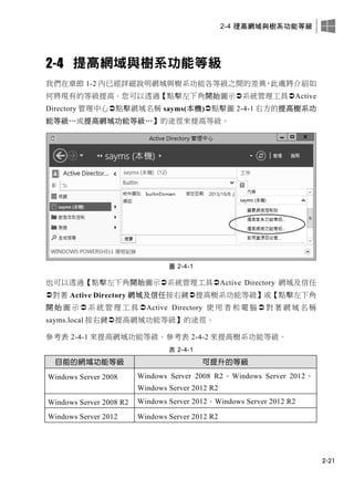 2-4 提高網域與樹系功能等級
2-21
2-4 提高網域與樹系功能等級
我們在章節 1-2 內已經詳細說明網域與樹系功能各等級之間的差異，此處將介紹如
何將現有的等級提高。您可以透過【點擊左下角開始圖示系統管理工具Active
Directory 管理中心點擊網域名稱 sayms(本機)點擊圖 2-4-1 右方的提高樹系功
能等級…或提高網域功能等級…】的途徑來提高等級。
圖 2-4-1
也可以透過【點擊左下角開始圖示系統管理工具Active Directory 網域及信任
對著 Active Directory 網域及信任按右鍵提高樹系功能等級】或【點擊左下角
開 始 圖 示  系 統 管 理 工 具 Active Directory 使 用 者 和 電 腦  對 著 網 域 名 稱
sayms.local 按右鍵提高網域功能等級】的途徑。
參考表 2-4-1 來提高網域功能等級。參考表 2-4-2 來提高樹系功能等級。
表 2-4-1
目前的網域功能等級 可提升的等級
Windows Server 2008 Windows Server 2008 R2、Windows Server 2012、
Windows Server 2012 R2
Windows Server 2008 R2 Windows Server 2012、Windows Server 2012 R2
Windows Server 2012 Windows Server 2012 R2
 
