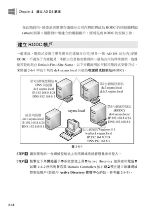 Chapter 2 建立 AD DS 網域
2-34
在此階段內，被委派者需要在遠端分公司內將即將成為 RODC 的伺服器附加
(attach)到第 1 個階段中所建立的電腦帳戶，便可完成 RODC 的安裝工作。
建立 RODC 帳戶
一般來說，階段式安裝主要是用來在遠端分公司(另外一個 AD DS 站台內)安裝
RODC，不過為了方便起見，本節以它是被安裝到同一個站台內為例來說明，也就
是預設的站台 Default-First-Site-Name。以下步驟說明如何採用階段式安裝方式，
來將圖 2-6-1 中右下角的 dc4.sayms.local 升級為唯讀網域控制站(RODC)。
圖 2-6-1
請到現有的一台網域控制站上利用網域系統管理員身分登入。
點擊左下角開始圖示系統管理工具Active Directory 使用者和電腦
如圖 2-6-2 所示對著容區 Domain Controllers 按右鍵預先建立唯讀網域
控制站帳戶(若使用 Active Directory 管理中心的話，參考圖 2-6-3)。
 