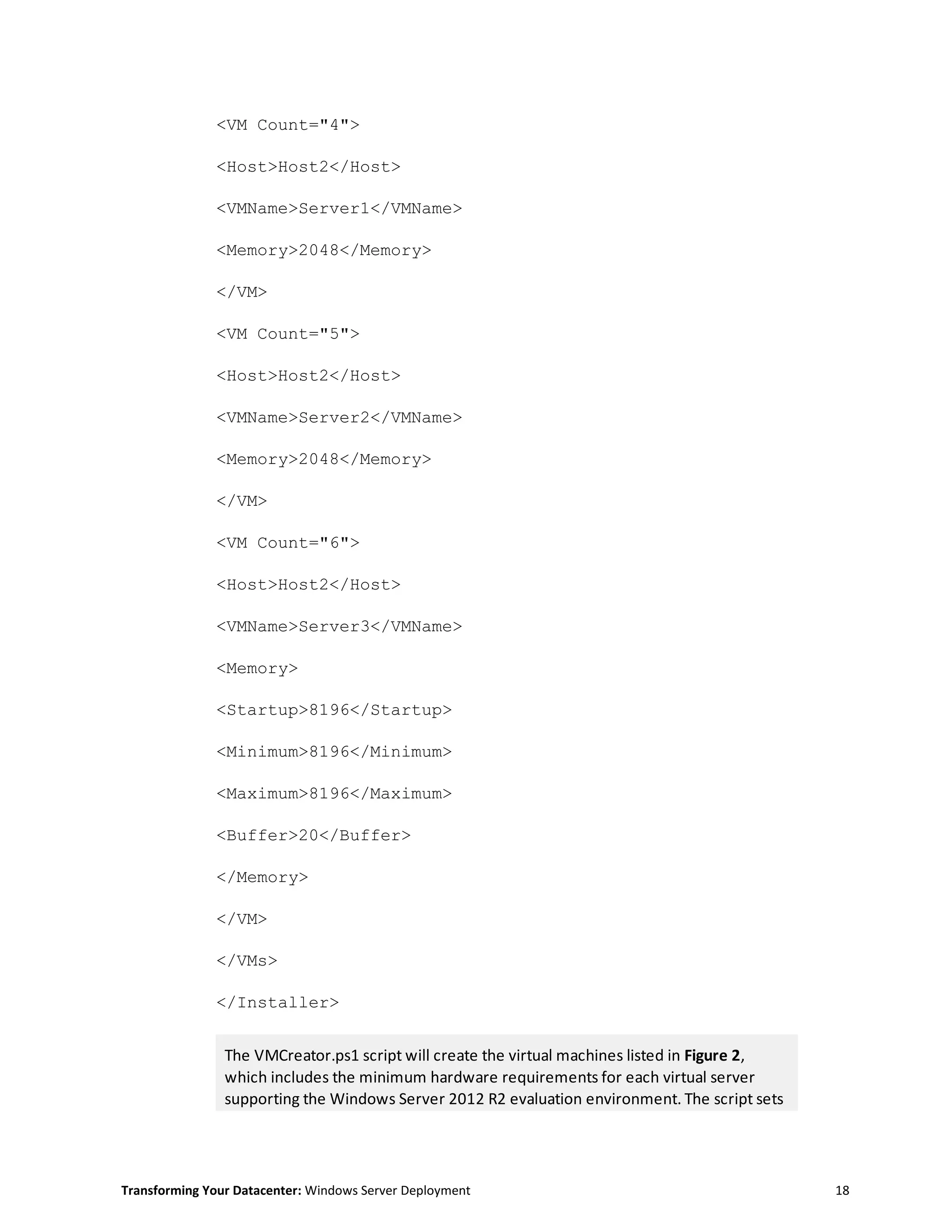 Transforming Your Datacenter: Windows Server Deployment 18
<VM Count="4">
<Host>Host2</Host>
<VMName>Server1</VMName>
<Memory>2048</Memory>
</VM>
<VM Count="5">
<Host>Host2</Host>
<VMName>Server2</VMName>
<Memory>2048</Memory>
</VM>
<VM Count="6">
<Host>Host2</Host>
<VMName>Server3</VMName>
<Memory>
<Startup>8196</Startup>
<Minimum>8196</Minimum>
<Maximum>8196</Maximum>
<Buffer>20</Buffer>
</Memory>
</VM>
</VMs>
</Installer>
The VMCreator.ps1 script will create the virtual machines listed in Figure 2,
which includes the minimum hardware requirements for each virtual server
supporting the Windows Server 2012 R2 evaluation environment. The script sets
 
