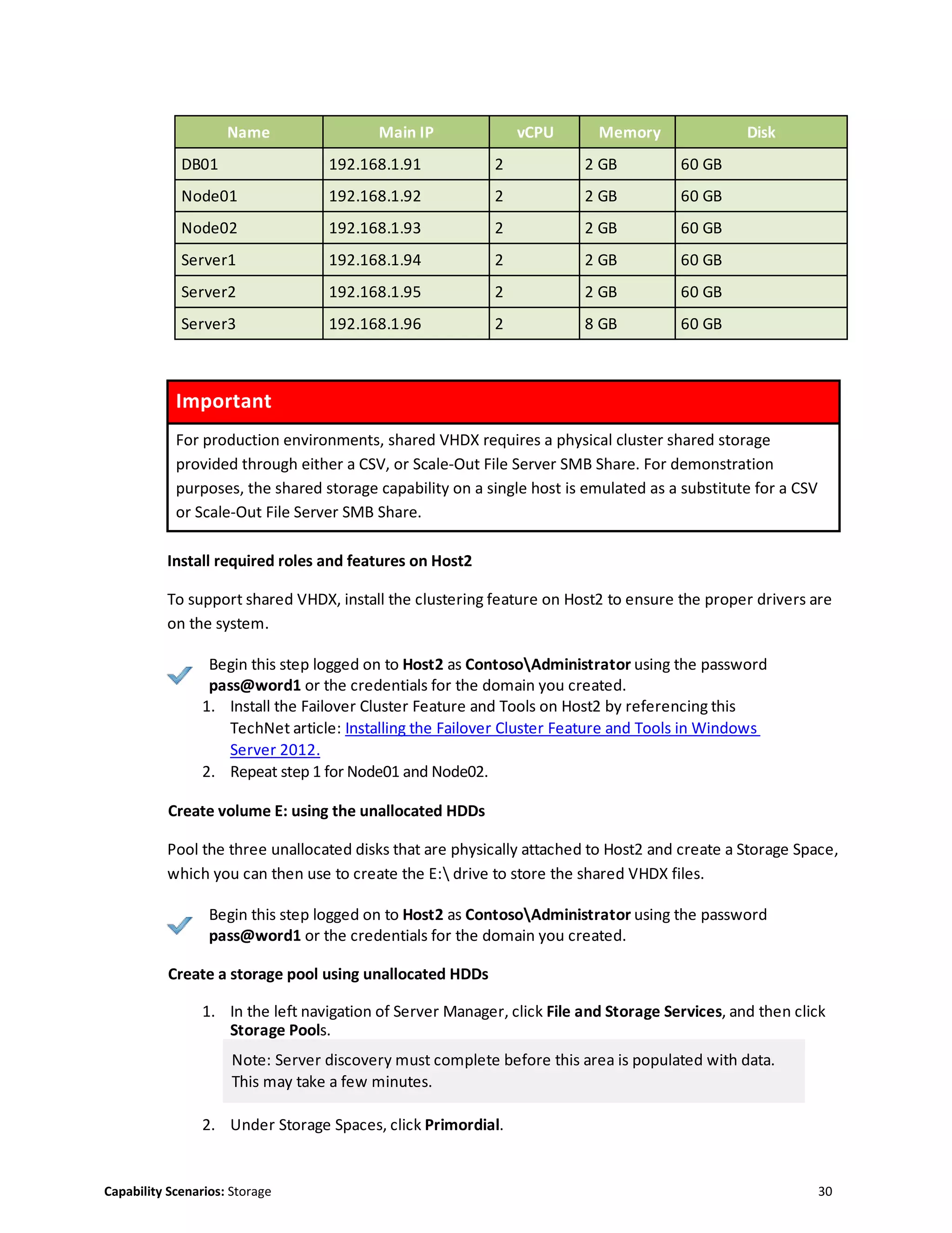 Capability Scenarios: Storage 30
Name Main IP vCPU Memory Disk
DB01 192.168.1.91 2 2 GB 60 GB
Node01 192.168.1.92 2 2 GB 60 GB
Node02 192.168.1.93 2 2 GB 60 GB
Server1 192.168.1.94 2 2 GB 60 GB
Server2 192.168.1.95 2 2 GB 60 GB
Server3 192.168.1.96 2 8 GB 60 GB
Important
For production environments, shared VHDX requires a physical cluster shared storage
provided through either a CSV, or Scale-Out File Server SMB Share. For demonstration
purposes, the shared storage capability on a single host is emulated as a substitute for a CSV
or Scale-Out File Server SMB Share.
Install required roles and features on Host2
To support shared VHDX, install the clustering feature on Host2 to ensure the proper drivers are
on the system.
Begin this step logged on to Host2 as ContosoAdministrator using the password
pass@word1 or the credentials for the domain you created.
1. Install the Failover Cluster Feature and Tools on Host2 by referencing this
TechNet article: Installing the Failover Cluster Feature and Tools in Windows
Server 2012.
2. Repeat step 1 for Node01 and Node02.
Create volume E: using the unallocated HDDs
Pool the three unallocated disks that are physically attached to Host2 and create a Storage Space,
which you can then use to create the E: drive to store the shared VHDX files.
Begin this step logged on to Host2 as ContosoAdministrator using the password
pass@word1 or the credentials for the domain you created.
Create a storage pool using unallocated HDDs
1. In the left navigation of Server Manager, click File and Storage Services, and then click
Storage Pools.
Note: Server discovery must complete before this area is populated with data.
This may take a few minutes.
2. Under Storage Spaces, click Primordial.
 