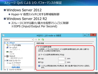 ストレージ QoS による I/O パフォーマンスの保証
Windows Server 2012
 Hyper-V 仮想スイッチに対する帯域幅制御
Windows Server 2012 R2
 ストレージに対する最小/最大を仮想マシンごとに制御
※IOPS (Input/Output Per Second)
11
 