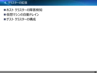 4. クラスターの拡張
ホスト クラスターの障害検知
仮想マシンの自動ドレイン
ゲスト クラスターの構成
18
 
