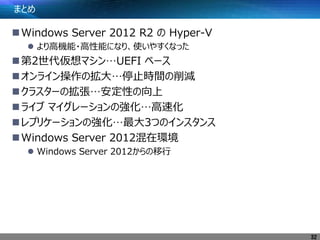 まとめ
Windows Server 2012 R2 の Hyper-V
 より高機能・高性能になり、使いやすくなった
第2世代仮想マシン…UEFI ベース
オンライン操作の拡大…停止時間の削減
クラスターの拡張…安定性の向上
ライブ マイグレーションの強化…高速化
レプリケーションの強化…最大3つのインスタンス
Windows Server 2012混在環境
 Windows Server 2012からの移行
32
 