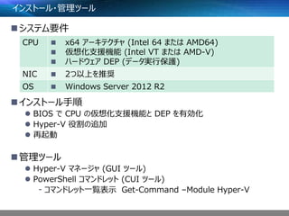 インストール・管理ツール
システム要件
インストール手順
 BIOS で CPU の仮想化支援機能と DEP を有効化
 Hyper-V 役割の追加
 再起動
管理ツール
 Hyper-V マネージャ (GUI ツール)
 PowerShell コマンドレット (CUI ツール)
- コマンドレット一覧表示 Get-Command –Module Hyper-V
CPU  x64 アーキテクチャ (Intel 64 または AMD64)
 仮想化支援機能 (Intel VT または AMD-V)
 ハードウェア DEP (データ実行保護)
NIC  2つ以上を推奨
OS  Windows Server 2012 R2
 