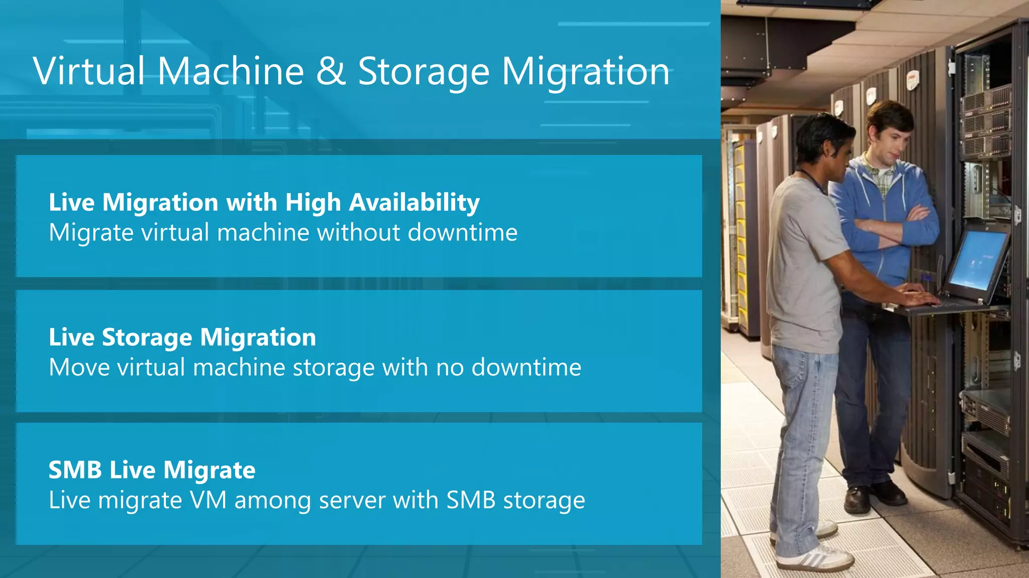 Virtual Machine & Storage Migration


Live Migration with High Availability
Migrate virtual machine without downtime



Live Storage Migration
Move virtual machine storage with no downtime



SMB Live Migrate
Live migrate VM among server with SMB storage
 