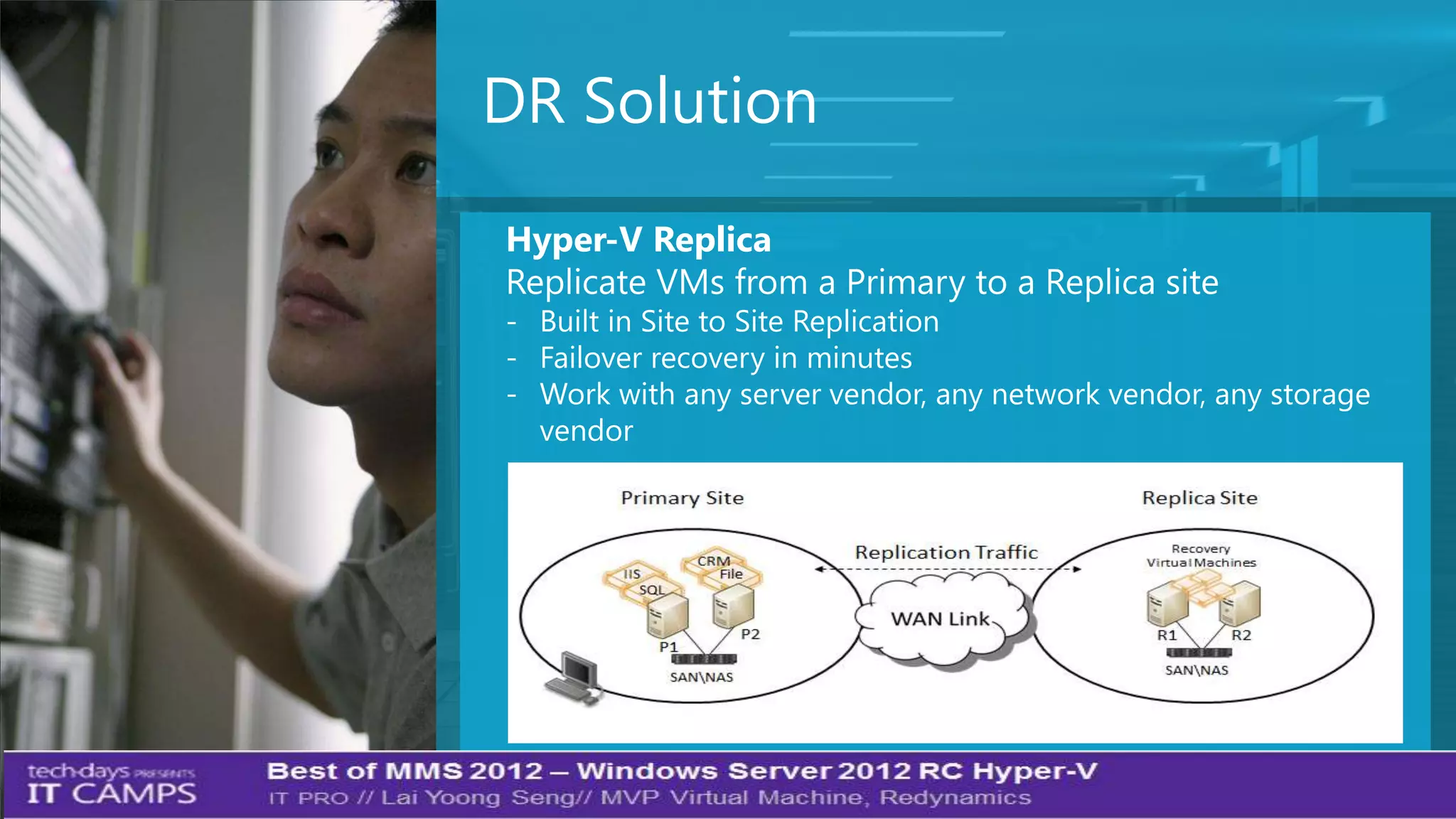 DR Solution
Hyper-V Replica
Replicate VMs from a Primary to a Replica site
- Built in Site to Site Replication
- Failover recovery in minutes
- Work with any server vendor, any network vendor, any storage
  vendor




                                                                 19
 