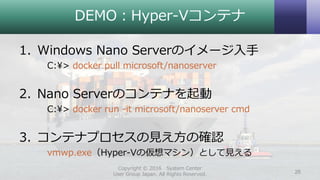 DEMO：Hyper-Vコンテナ
1. Windows Nano Serverのイメージ入手
C:¥> docker pull microsoft/nanoserver
2. Nano Serverのコンテナを起動
C:¥> docker run -it microsoft/nanoserver cmd
3. コンテナプロセスの見え方の確認
vmwp.exe（Hyper-Vの仮想マシン）として見える
Copyright © 2016 System Center
User Group Japan. All Rights Reserved. 26
 