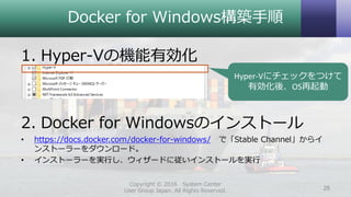 Docker for Windows構築手順
1. Hyper-Vの機能有効化
2. Docker for Windowsのインストール
• https://docs.docker.com/docker-for-windows/ で「Stable Channel」からイ
ンストーラーをダウンロード。
• インストーラーを実行し、ウィザードに従いインストールを実行
Copyright © 2016 System Center
User Group Japan. All Rights Reserved. 28
Hyper-Vにチェックをつけて
有効化後、OS再起動
 