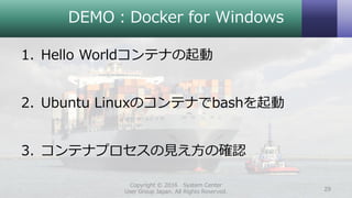 DEMO：Docker for Windows
1. Hello Worldコンテナの起動
2. Ubuntu Linuxのコンテナでbashを起動
3. コンテナプロセスの見え方の確認
Copyright © 2016 System Center
User Group Japan. All Rights Reserved. 29
 