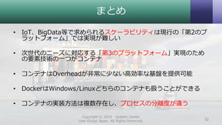 まとめ
• IoT、BigData等で求められるスケーラビリティは現行の「第2のプ
ラットフォーム」では実現が難しい
• 次世代のニーズに対応する「第3のプラットフォーム」実現のため
の要素技術の一つがコンテナ
• コンテナはOverheadが非常に少ない高効率な基盤を提供可能
• DockerはWindows/Linuxどちらのコンテナも扱うことができる
• コンテナの実装方法は複数存在し、プロセスの分離度が違う
Copyright © 2016 System Center
User Group Japan. All Rights Reserved. 32
 