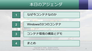 本日のアジェンダ
2
3
4
なぜ今コンテナなのか1
Windowsの3つのコンテナ
まとめ
コンテナ環境の構築とデモ
Copyright © 2016 System Center
User Group Japan. All Rights Reserved. 4
 