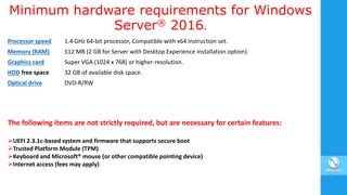 Minimum hardware requirements for Windows
Server® 2016.
Processor speed 1.4 GHz 64-bit processor, Compatible with x64 instruction set.
Memory (RAM) 512 MB (2 GB for Server with Desktop Experience installation option).
Graphics card Super VGA (1024 x 768) or higher-resolution.
HDD free space 32 GB of available disk space.
Optical drive DVD-R/RW
The following items are not strictly required, but are necessary for certain features:
UEFI 2.3.1c-based system and firmware that supports secure boot
Trusted Platform Module (TPM)
Keyboard and Microsoft® mouse (or other compatible pointing device)
Internet access (fees may apply)
 