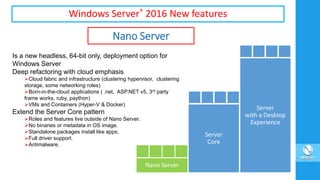 Windows Server® 2016 New features
Nano Server
Is a new headless, 64-bit only, deployment option for
Windows Server
Deep refactoring with cloud emphasis
Cloud fabric and infrastructure (clustering hypervisor, clustering
storage, some networking roles)
Born-in-the-cloud applications ( .net, ASP.NET v5, 3rd party
frame works, ruby, paython)
VMs and Containers (Hyper-V & Docker)
Extend the Server Core pattern
Roles and features live outside of Nano Server.
No binaries or metadata in OS image.
Standalone packages install like apps.
Full driver support.
Antimalware.
 