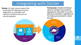 Integrating with Docker
Docker: An open source engine that
automates the deployment of any
application as a portable, self-
sufficient container that can run
almost anywhere
Partnership: Enable the Docker
client to manage multi-container
applications using both Linux and
Windows containers, regardless of
the hosting environment or cloud
provider
 