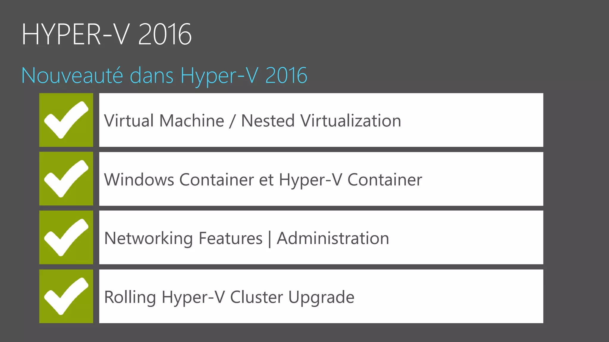 Virtual Machine / Nested Virtualization
Windows Container et Hyper-V Container
Networking Features | Administration
Rolling Hyper-V Cluster Upgrade
 