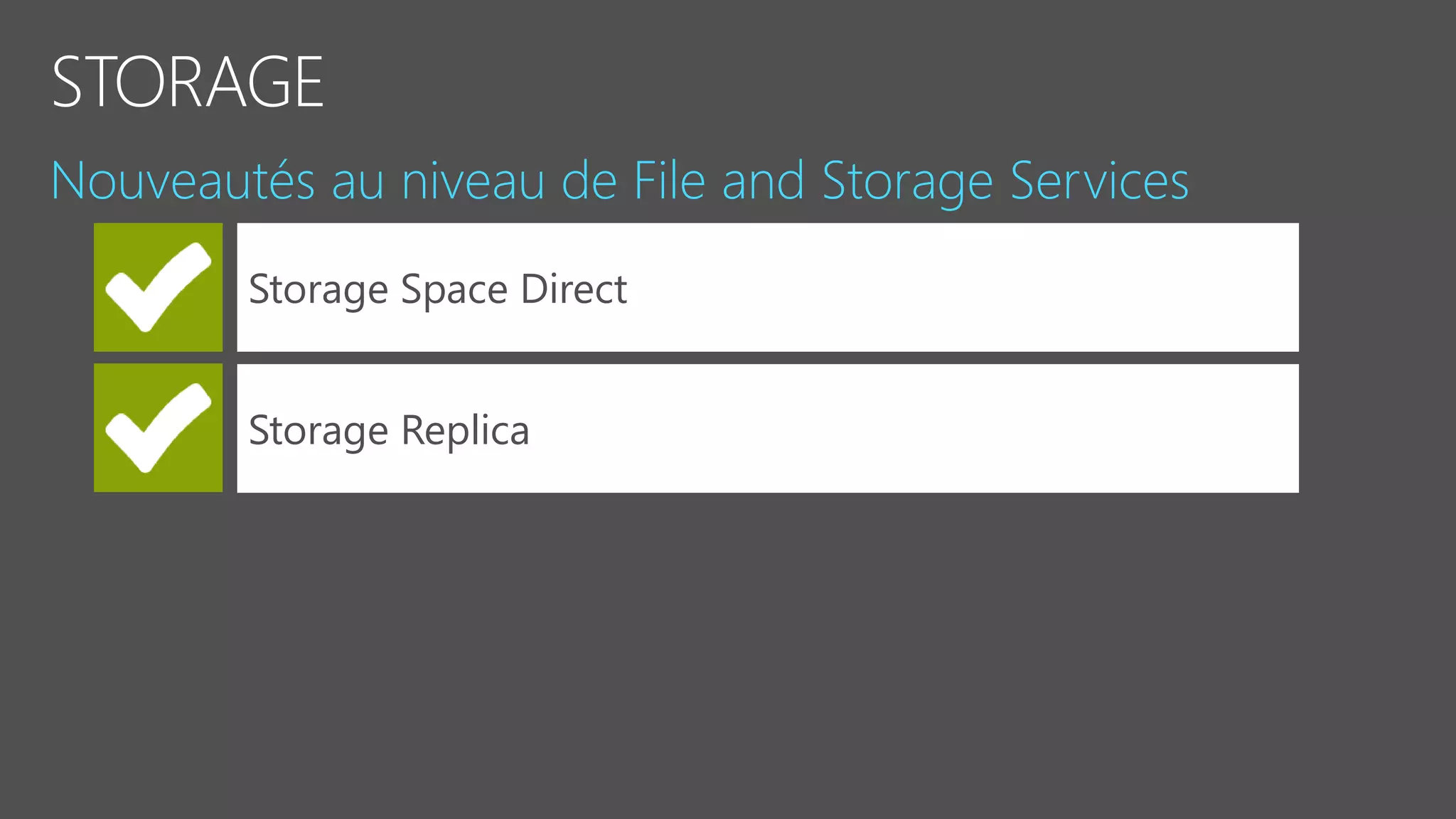 Storage Space Direct
Storage Replica
 