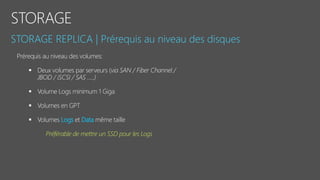 Prérequis au niveau des volumes:
 Deux volumes par serveurs (via SAN / Fiber Channel /
JBOD / iSCSI / SAS …..)
 Volume Logs minimum 1 Giga
 Volumes en GPT
 Volumes Logs et Data même taille
Préférable de mettre un SSD pour les Logs
 