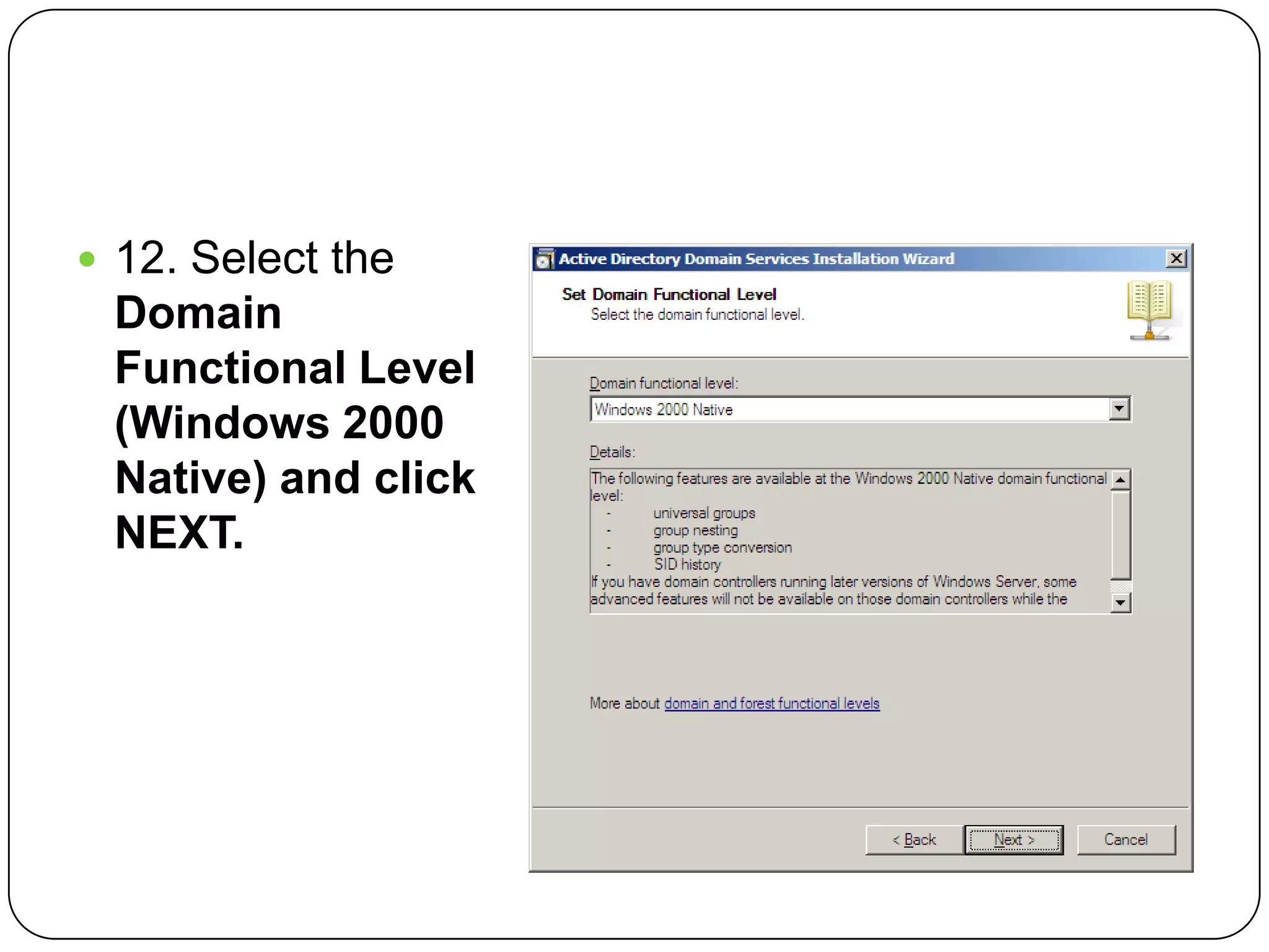  12. Select the
Domain
Functional Level
(Windows 2000
Native) and click
NEXT.
 