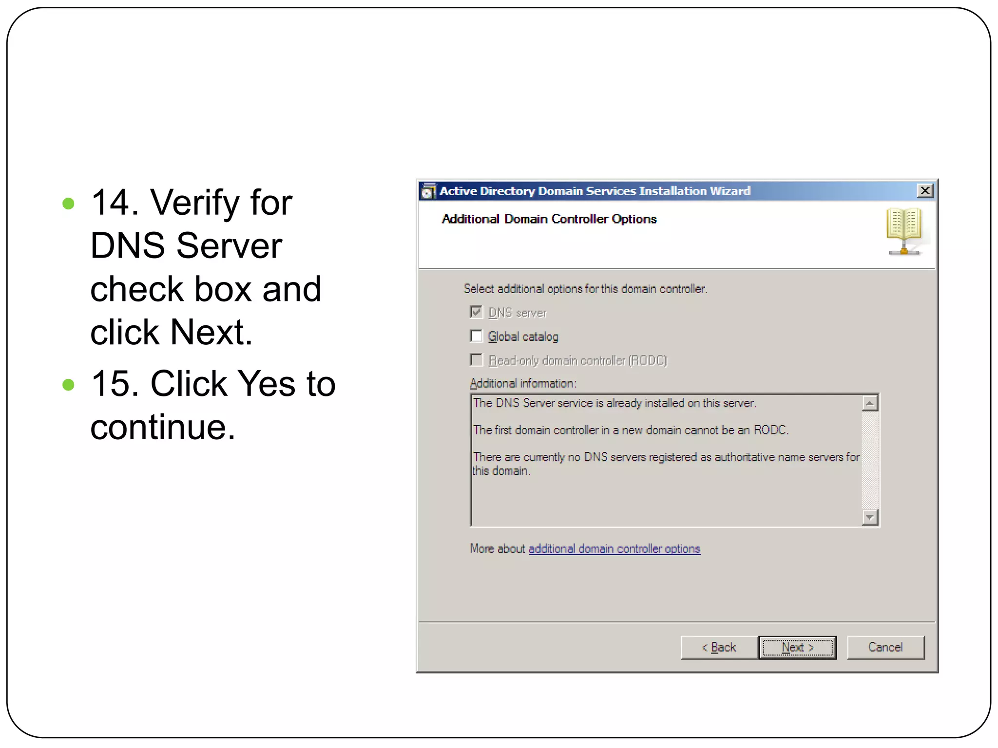  14. Verify for
DNS Server
check box and
click Next.
 15. Click Yes to
continue.
 