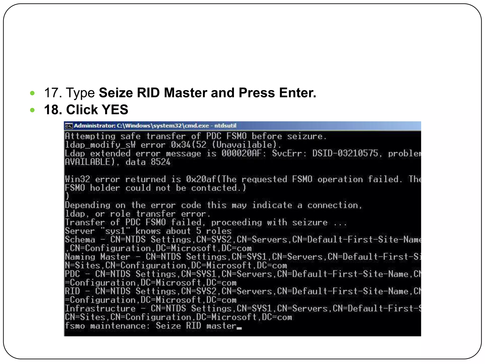  17. Type Seize RID Master and Press Enter.
 18. Click YES
 