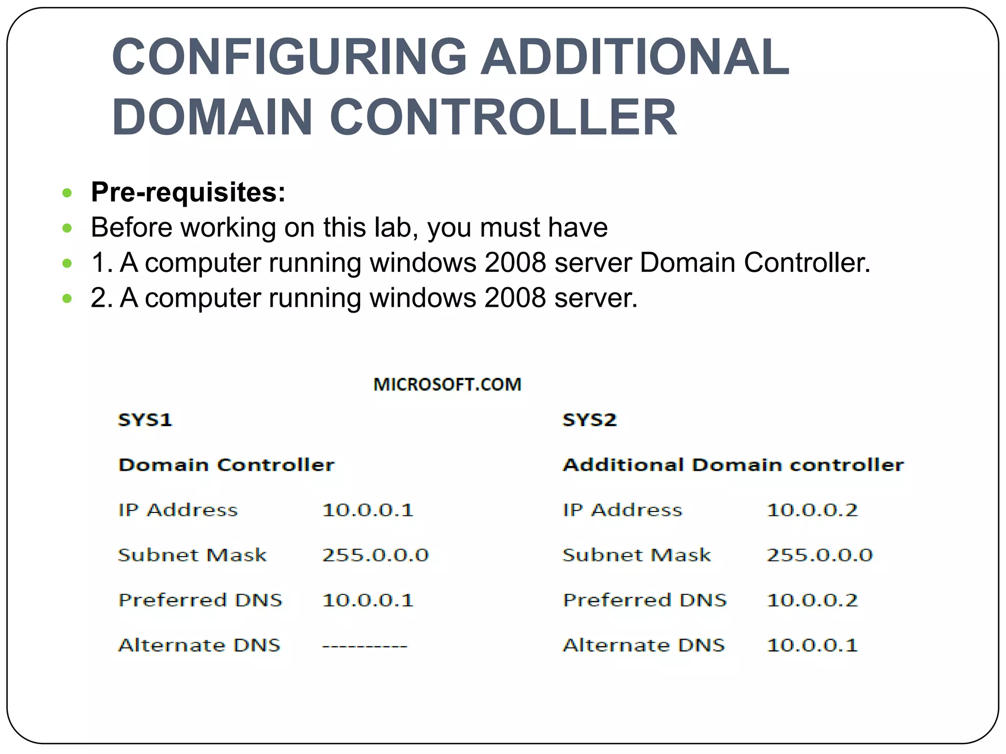 CONFIGURING ADDITIONAL
DOMAIN CONTROLLER
 Pre-requisites:
 Before working on this lab, you must have
 1. A computer running windows 2008 server Domain Controller.
 2. A computer running windows 2008 server.
 